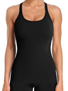 Solid Ribbed Knit Sports Tank Top - Black - View 7