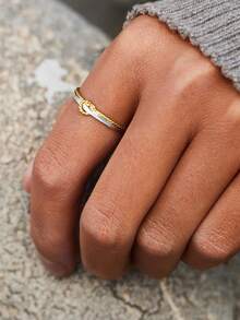 1入組簡約風歐美風格S925純銀打結電鍍雙色戒指女士用適用於情侶 - 金色 - 查看 2