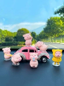 6入組卡通豬和車設計車內裝飾品(粘膠纖維風格隨機,不是包括汽車)