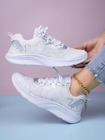 White Stylish & Loose Fit Rocking Shoes For Daily & Commute & Casual Wear, Breathable Mesh Walking Shoes For Students