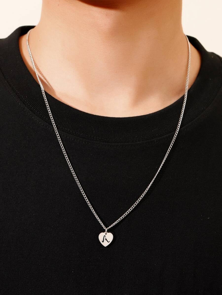 1入組極簡時尚心和26英語字母吊墜項鍊 - 銀色 - 查看 1