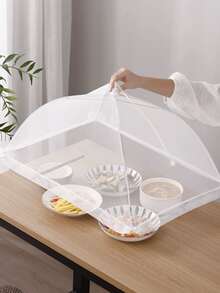 1pc White Foldable Food Anti-fly Cover For Kitchen Dining Table, Outdoor Anti-dust Umbrella-shaped Mesh Net Food Cover