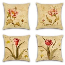4pcs Simple Red Floral Pillow Covers For Sofa Home Decor Without Pillow Core - Apricot - View 2