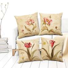 4pcs Simple Red Floral Pillow Covers For Sofa Home Decor Without Pillow Core - Apricot - View 1