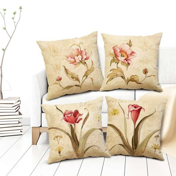 4pcs Simple Red Floral Pillow Covers For Sofa Home Decor Without Pillow Core