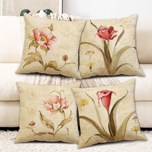 4pcs Simple Red Floral Pillow Covers For Sofa Home Decor Without Pillow Core - Apricot - View 3