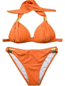 Metal Detail Ruched Detail Halter Bikini Set, Summer Beach Bathing Suit - Orange - View 2
