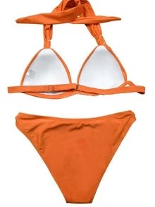Metal Detail Ruched Detail Halter Bikini Set, Summer Beach Bathing Suit - Orange - View 3