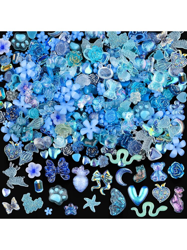 50Pieces One Bag Blue Nail Charms,Kawaii Nail Charms Flatback Resin Charms, 3D Nail Charms For Nail Art Decorations Supplies Nails