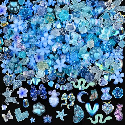 50Pieces One Bag Blue Nail Charms,Kawaii Nail Charms Flatback Resin Charms, 3D Nail Charms For Nail Art Decorations Supplies Nails