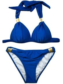 Rib Halter Triangle Bikini Set For Summer Beach