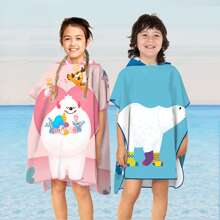 Children's Hooded Beach Towel For Boys, Cartoon Print Changing Robe, Quick Dry Swim Cover-up Poncho - Pink - View 1