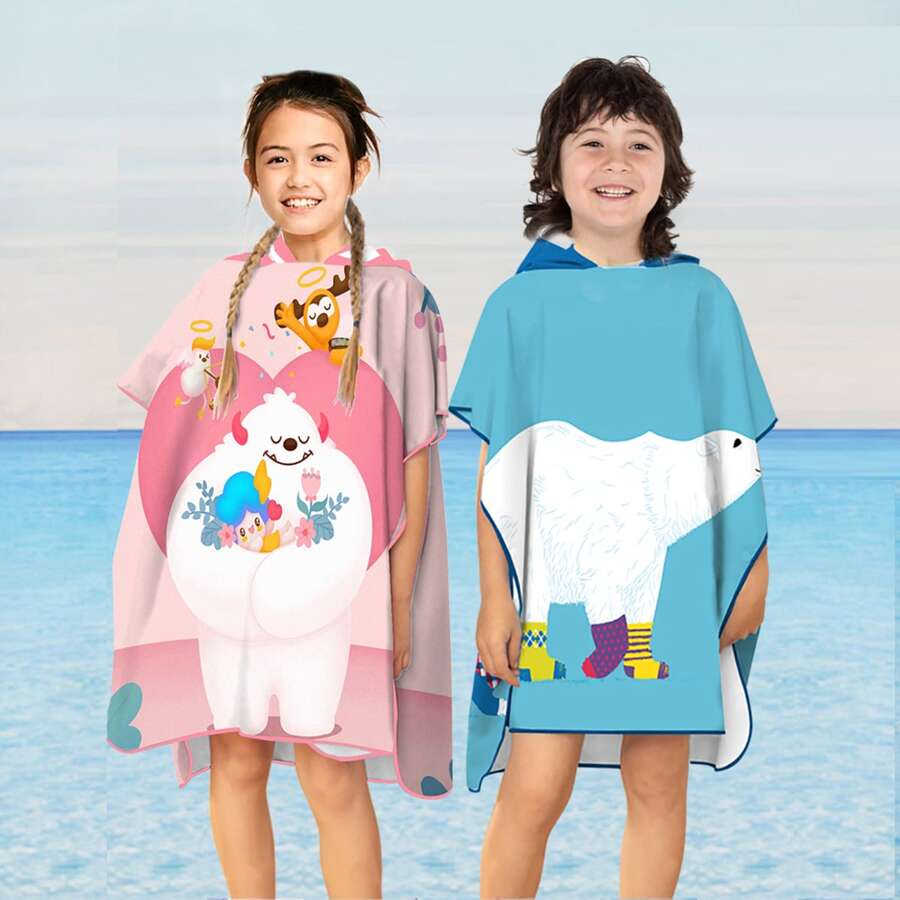 Children's Hooded Beach Towel For Boys, Cartoon Print Changing Robe, Quick Dry Swim Cover-up Poncho - Pink - View 1