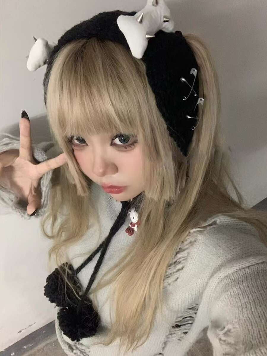 1入組女士黑色鉚釘和骨裝飾Y2K耳罩,合適適用於派對 - 黑色 - 查看 1