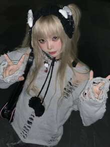 1入組女士黑色鉚釘和骨裝飾Y2K耳罩,合適適用於派對 - 黑色 - 查看 4