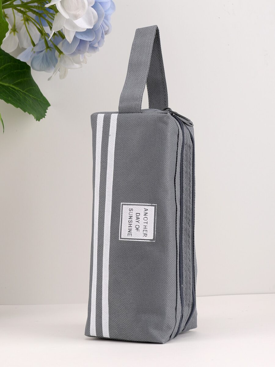 1pc Yellow Double Zipper Pencil Case With Large Capacity For Stationery, Students - Grey - View 1