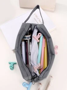 1pc Yellow Double Zipper Pencil Case With Large Capacity For Stationery, Students - Grey - View 3