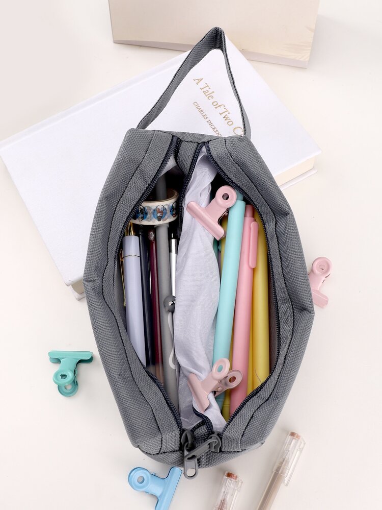 1pc Yellow Double Zipper Pencil Case With Large Capacity For Stationery, Students - Grey - View 3