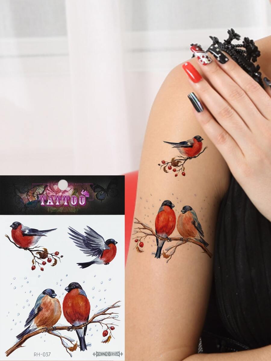 1 pieza Etiqueta engomada del tatuaje temporal pintado a mano de acuarela pequeño pájaro - Multicolor - Ver 1