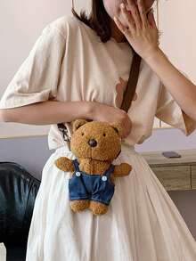 蓬鬆毛茸茸柔軟毛絨可愛清新泰迪熊造型斜挎包適合女孩、女士、大學生、菜鳥、白領上班、辦公室、通勤、秋冬、暖冬 - 彩色 - 查看 2