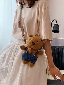 蓬鬆毛茸茸柔軟毛絨可愛清新泰迪熊造型斜挎包適合女孩、女士、大學生、菜鳥、白領上班、辦公室、通勤、秋冬、暖冬 - 彩色 - 查看 6