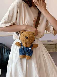 蓬鬆毛茸茸柔軟毛絨可愛清新泰迪熊造型斜挎包適合女孩、女士、大學生、菜鳥、白領上班、辦公室、通勤、秋冬、暖冬 - 彩色 - 查看 7