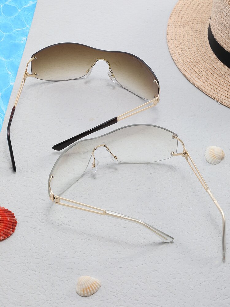 1 pieza asimétrico de color metálico con abertura Gafas de sol con Y2K moda Espejo piernas - Blanco - Añade 2