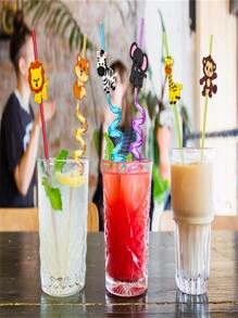 4pcs Random Color, Random Style, Reusable Jungle Animal Plastic Drinking Straws For Lion Fox Zebra Giraffe Elephant Birthday Party Supplies Favors, Woodland Party Gift Favors Gifts,Kitchen,Christmas Gift Back To School