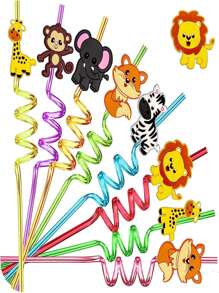4pcs Random Color, Random Style, Reusable Jungle Animal Plastic Drinking Straws For Lion Fox Zebra Giraffe Elephant Birthday Party Supplies Favors, Woodland Party Gift Favors Gifts,Kitchen,Christmas Gift Back To School