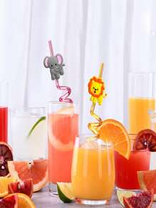 4pcs Random Color, Random Style, Reusable Jungle Animal Plastic Drinking Straws For Lion Fox Zebra Giraffe Elephant Birthday Party Supplies Favors, Woodland Party Gift Favors Gifts,Kitchen,Christmas Gift Back To School