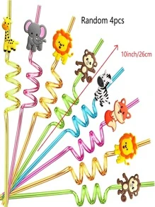 4pcs Random Color, Random Style, Reusable Jungle Animal Plastic Drinking Straws For Lion Fox Zebra Giraffe Elephant Birthday Party Supplies Favors, Woodland Party Gift Favors Gifts,Kitchen,Christmas Gift Back To School
