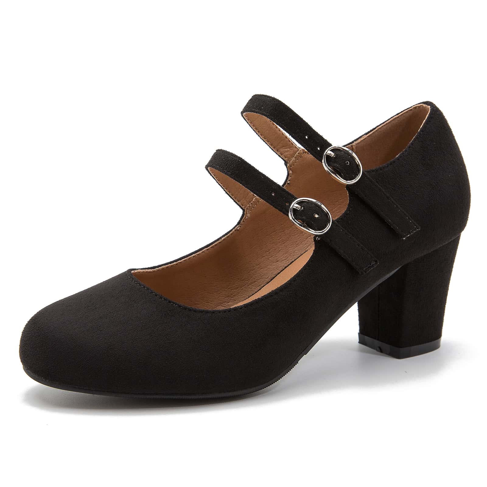 Women's Pumps Double Strap Chunky Block Heel Closed Round Toe Dress Office Work Bridal Wedding Party Shoes - 黑色 - 查看 1