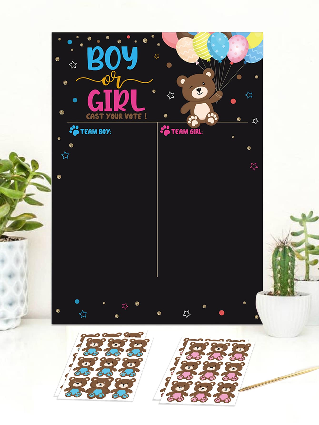 37入组/套熊主題紙遊戲卡,現代“性別揭秘”派對遊戲卡適合派對 - 黑色 - 查看 1