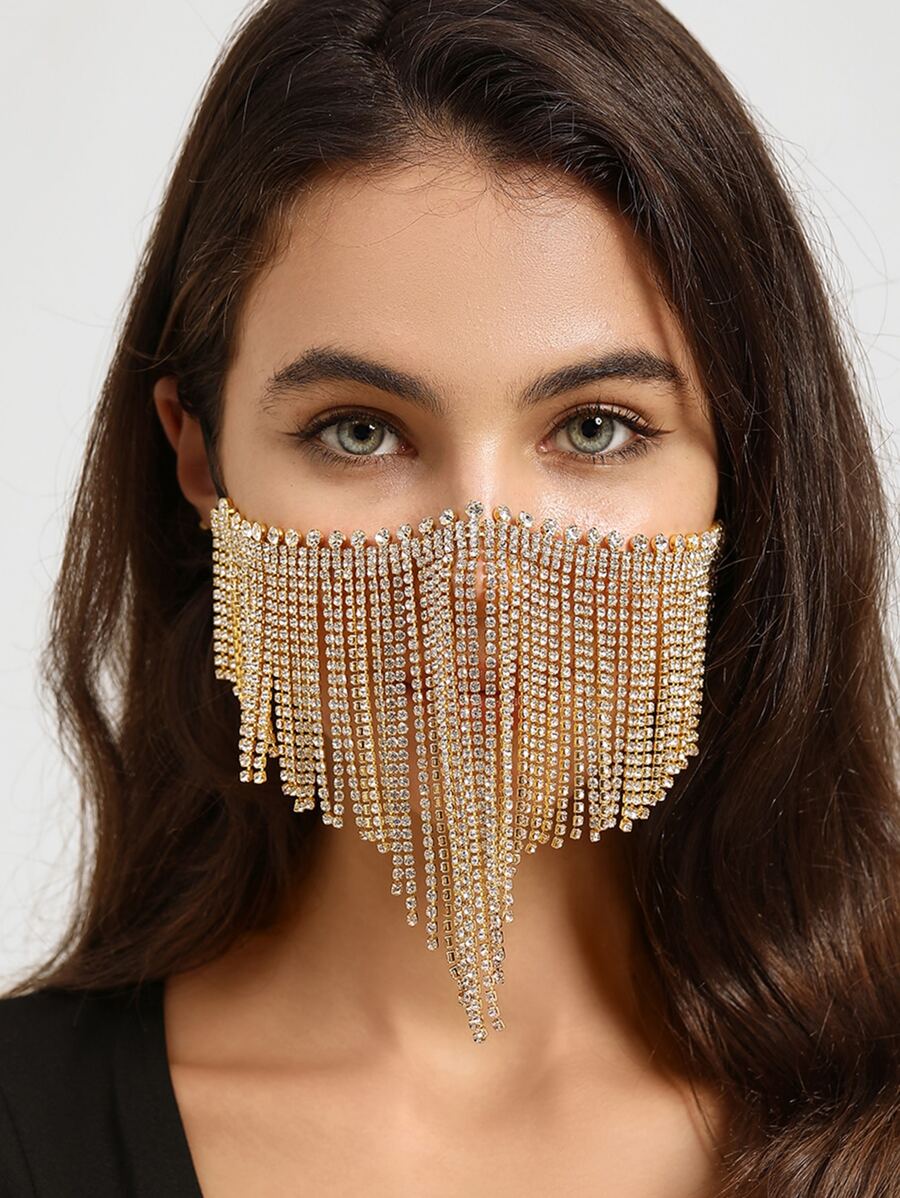 1pc Luxurious Exaggerated Full Crystal Tassel Face Jewelry, Suitable For Costume Party, Eid Celebration, Wedding, Fashion Decorative Face Jewel - Gold - View 1
