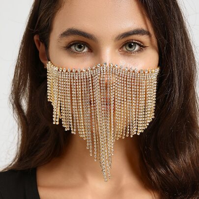 1 pieza Joya facial de cristal completo con borla de estilo exagerado y lujoso, apta para fiestas de disfraces, celebración del Eid, bodas, joya facial decorativa de moda