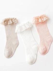 3pairs Lace Edge Hollow Out Fishnet Soft & Comfortable No Show Socks & Over-The-Knee Socks For Baby Girls, Suitable For Daily Wear And Leisure In All Seasons - Multicolor - View 2