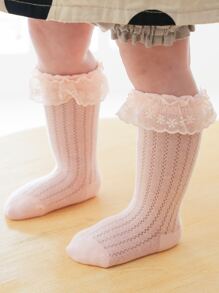 3pairs Lace Edge Hollow Out Fishnet Soft & Comfortable No Show Socks & Over-The-Knee Socks For Baby Girls, Suitable For Daily Wear And Leisure In All Seasons - Multicolor - View 5