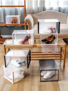 Caja de zapatos de plástico transparente con doble marco grande, caja de almacenamiento plegable, a prueba de polvo e impermeable, caja de zapatos de baloncesto Pp, 1 pieza - Negro - Ver 1