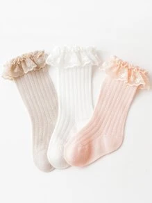 3pairs Lace Edge Hollow Out Fishnet Soft & Comfortable No Show Socks & Over-The-Knee Socks For Baby Girls, Suitable For Daily Wear And Leisure In All Seasons - Multicolor - View 9