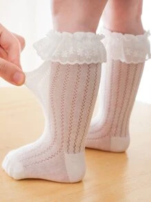 3pairs Lace Edge Hollow Out Fishnet Soft & Comfortable No Show Socks & Over-The-Knee Socks For Baby Girls, Suitable For Daily Wear And Leisure In All Seasons - Multicolor - View 4