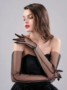 1雙白色串珠新娘手套，帶手指和肘部長度 - 黑色 - 查看 6