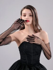 1雙白色串珠新娘手套，帶手指和肘部長度 - 黑色 - 查看 5