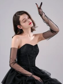 1雙白色串珠新娘手套，帶手指和肘部長度 - 黑色 - 查看 2