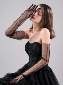 1雙白色串珠新娘手套，帶手指和肘部長度 - 黑色 - 查看 3