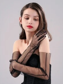 1雙白色串珠新娘手套，帶手指和肘部長度 - 黑色 - 查看 4