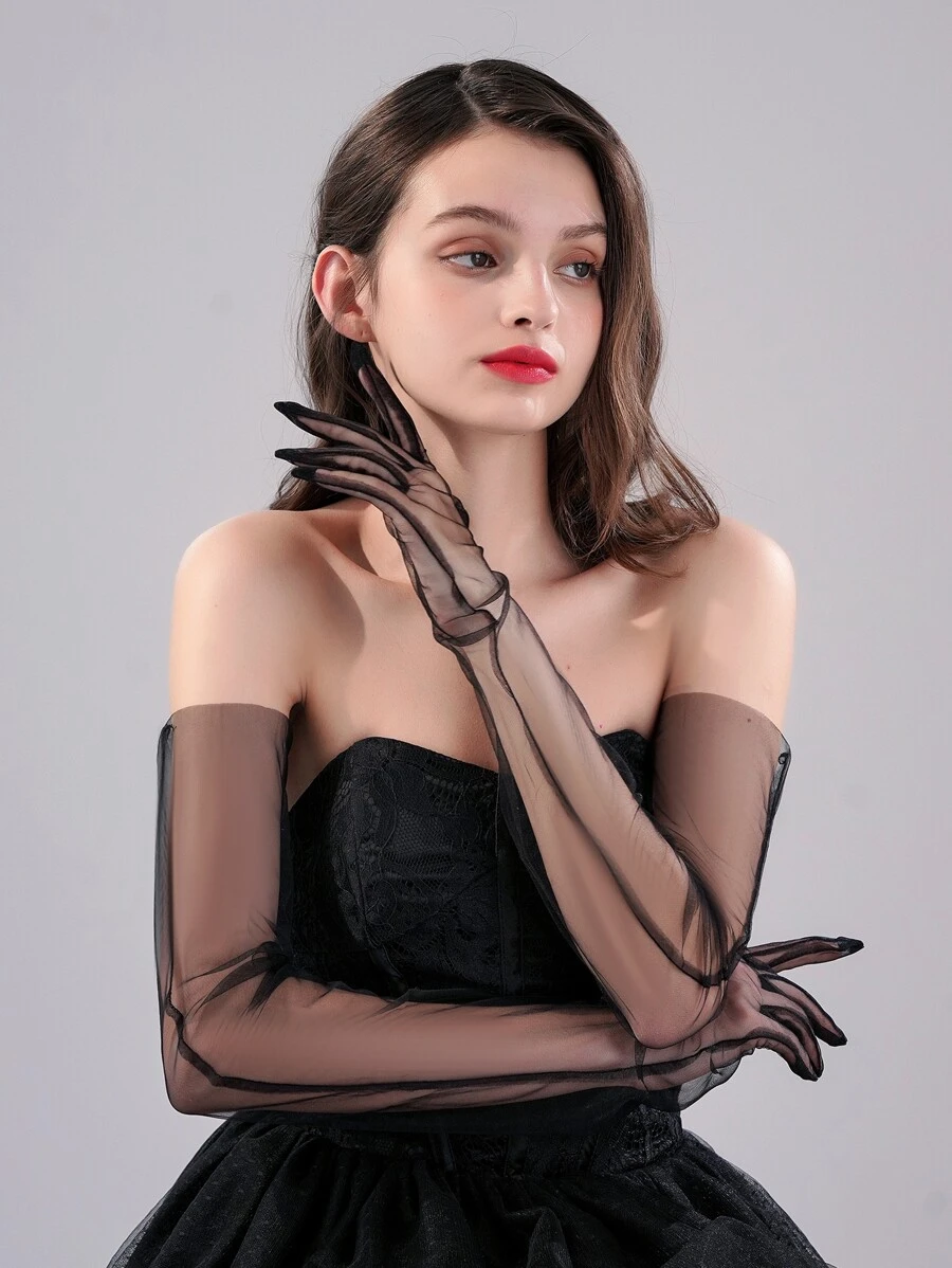 1雙白色串珠新娘手套，帶手指和肘部長度 - 黑色 - 查看 1