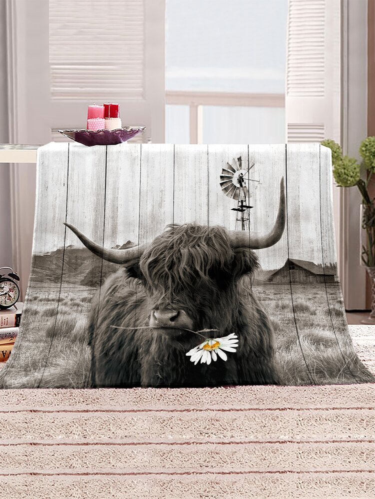 1pc Chrysanthemum Print Flannel Blanket Of Warm And Comfortable Grey Cow - Multicolor - View 4
