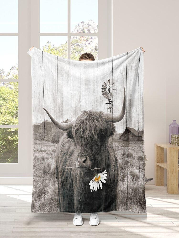 1pc Chrysanthemum Print Flannel Blanket Of Warm And Comfortable Grey Cow - Multicolor - View 1