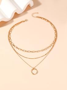 1 chiếc vòng cổ nhiều lớp phong cách Bohemian có mặt dây chuyền hình tròn bất đối xứng dành cho nữ - Vàng - Xem 2