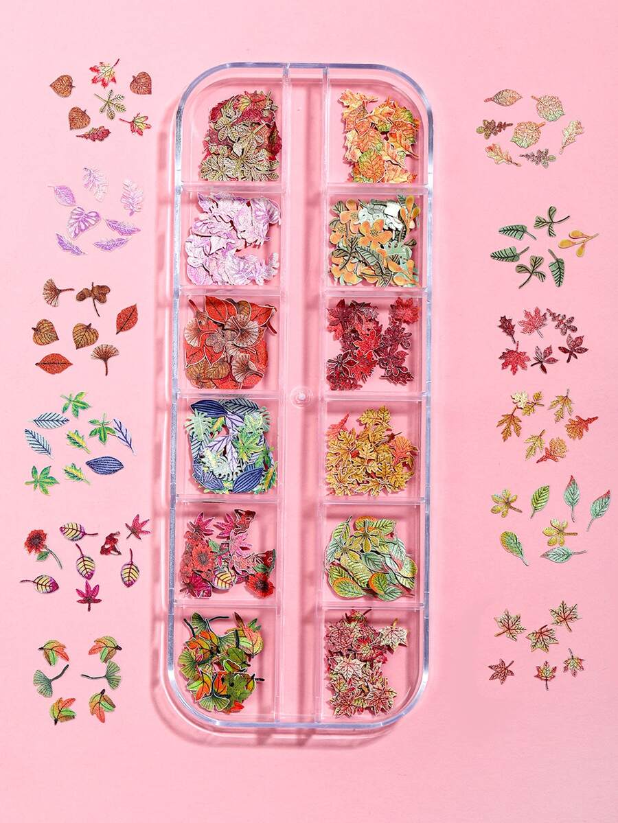 适合秋季，但是一种常青风格的美甲装饰，240 件/盒枫叶形秋季指甲贴花便携式美甲片适用于美甲沙龙 - 彩色 - 查看 1